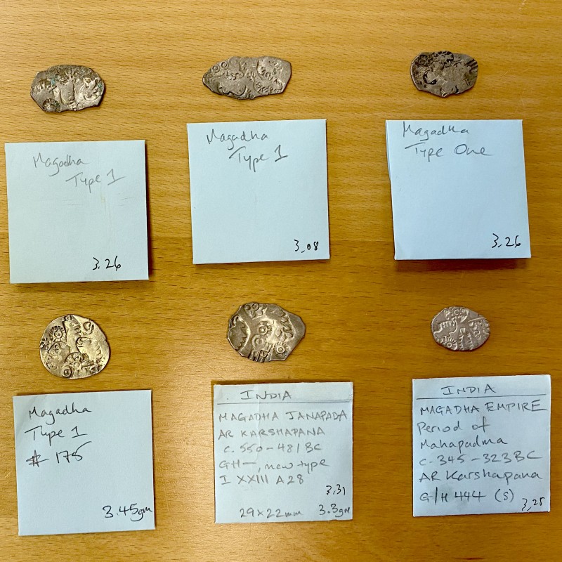 MAGADHA: LOT of 6 silver punchmarked karshapanas, including 2 broad early types ...