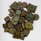 ANCIENT INDIA: LOT of 40 small copper pieces, including Mauryan-Sunga, Vidarbha, Satavahana, Ujjain, etc.; average circulated grades, some more worn; ...