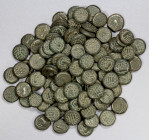 CHALUKYAS: LOT of 100 BI gadhaiya paise, heavily debased, very crude late style, circa 1200-1300 AD, without the stylized central symbol on the revers...