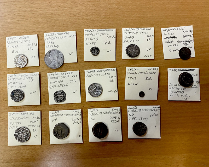 INDIAN STATES: LOT of 14 coins, including 9 silver and 5 copper; Silver (rupee u...