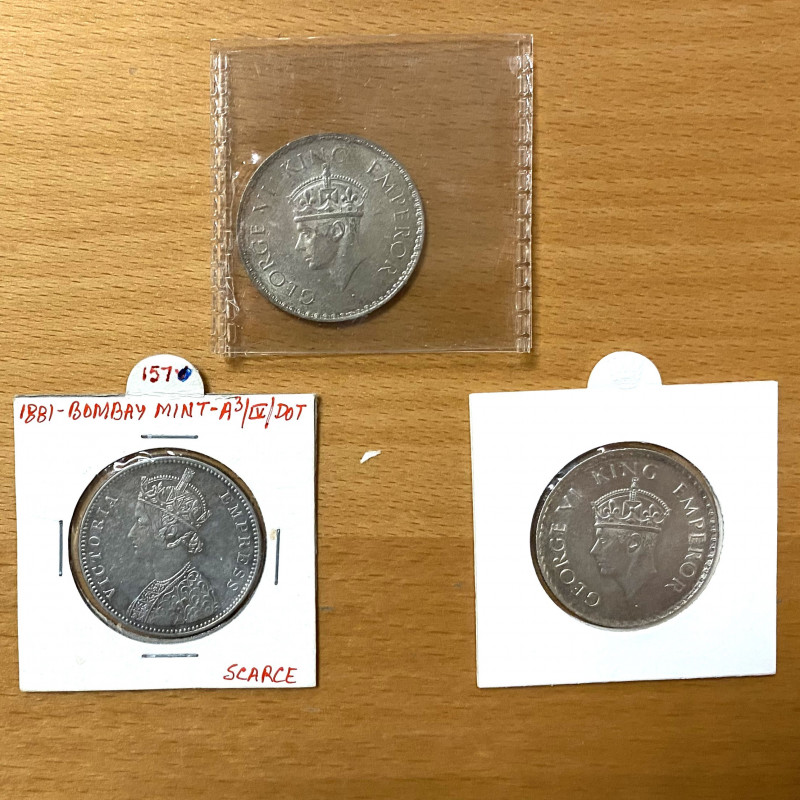 BRITISH INDIA: LOT of 3 coins, silver rupees of Victoria 1881 A/3 type IV with d...