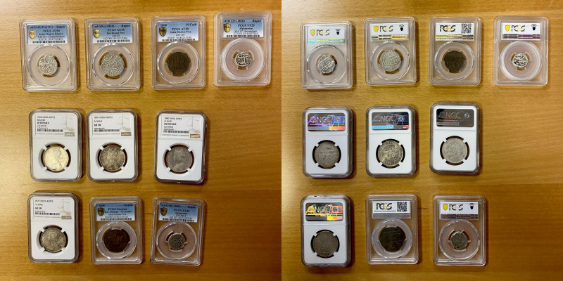 INDIA: LOT of 10 coins, all graded by NGC and PCGS, including Mughal AR rupee AH...