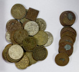 INDIA: LOT of 43 temple tokens, Many different types, mostly a great variety of Hindu types, but also a few Islamic and one Christian (Christ nailed o...