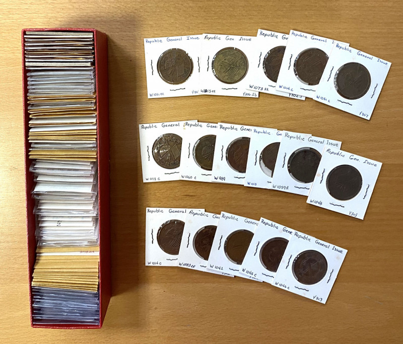 CHINA: LOT of 102 coins, collection of machine struck coins worked up in 2x2 hol...