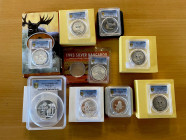 WORLDWIDE: LOT of 9 modern coins, AUSTRALIA: dollar, 1993, Kangaroo, KM-211.1, PCGS MS69; CANADA: 5 dollars 2004, KM-514, Moose, PCGS PF69 DC; KAZAKHS...