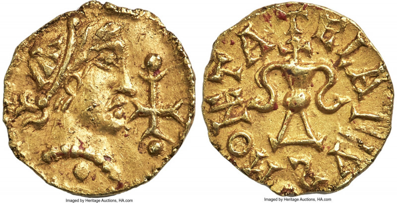 Merovingian. Anonymous gold Tremissis ND (c. AD 580-670) UNC (Wax Residue), Bana...