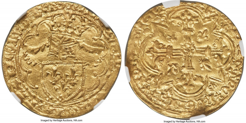 Charles VI (1380-1422) gold 1/2 Heaume d'Or ND (1418?) MS64 NGC, La Rochelle min...