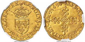 Charles IX (1560-1574) gold Ecu d'Or au soleil 1565-G MS61 NGC, Poitiers mint, Fr-378, Dup-1057. 3.37gm. CAROLVS • IX • DEI • G • FRANCOR • REX, sunbu...