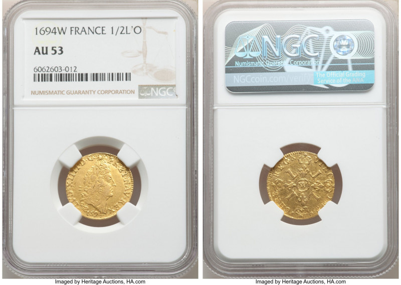 Louis XIV gold 1/2 Louis d'Or 1694-W AU53 NGC, Lille mint, KM301.17, Dup-1441A, ...