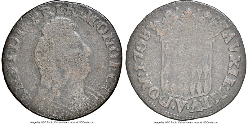 Antoine I 3 Sols (Pezzetta) 1708 G6 NGC, KM68, Gad-MC90. Very rare, and the sole...