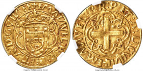 Manuel I gold Cruzado ND (1495-1521) AU55 NGC, Lisbon mint, Fr-21, Gomes-62.06, JS-E1.2. 3.55gm. +EMΛИVEL: P: R: P: ET: Λ: D: G: GVIИEE, crowned royal...