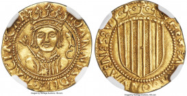 Aragon. Juan II gold Escudo ND (1453-1464) AU58 NGC, Zaragoza mint, Fr-29a (under Catalonia), Cay-1797 var. (reverse legend), MEC VI-238 var. (differe...