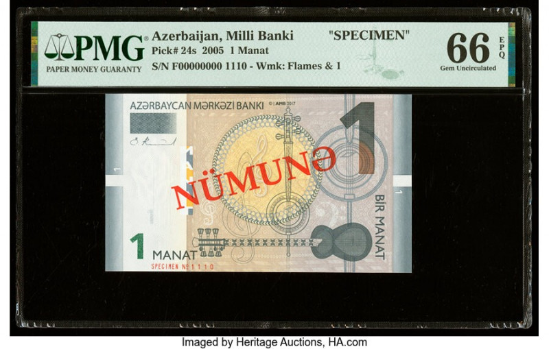 Azerbaijan Milli Banki 1 Manat 2005 Pick 24s Specimen PMG Gem Uncirculated 66 EP...