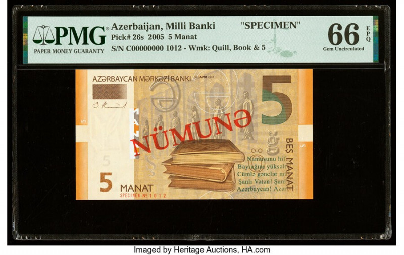 Azerbaijan Milli Banki 5 Manat 2005 Pick 26s Specimen PMG Gem Uncirculated 66 EP...