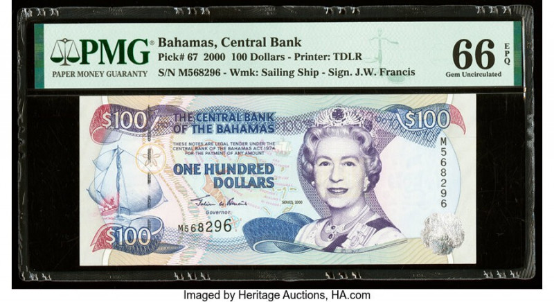 Bahamas Central Bank 100 Dollars 2000 Pick 67 PMG Gem Uncirculated 66 EPQ. 

HID...