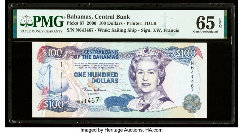 Bahamas Central Bank 100 Dollars 2000 Pick 67 PMG Gem Uncirculated 65 EPQ. 

HID...