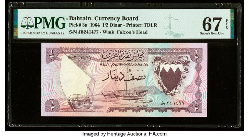 Bahrain Currency Board 1/2 Dinar 1964 Pick 3a PMG Superb Gem Unc 67 EPQ. 

HID09...