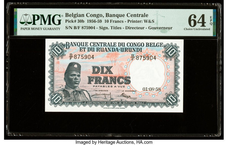 Belgian Congo Banque Centrale du Congo Belge 10 Francs 1.8.1958 Pick 30b PMG Cho...