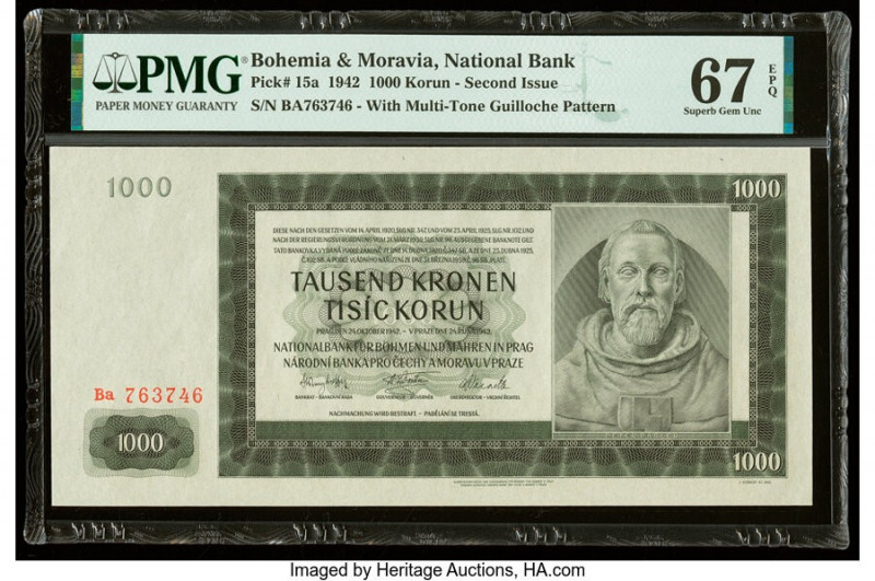 Bohemia and Moravia National Bank 1000 Korun 1942 Pick 15a PMG Superb Gem Unc 67...
