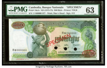 Cambodia Banque Nationale du Cambodge 500 Riels ND (1973-75) Pick 16a1s Specimen PMG Choice Uncirculated 63. Previous mounting, an annotation, red Spe...