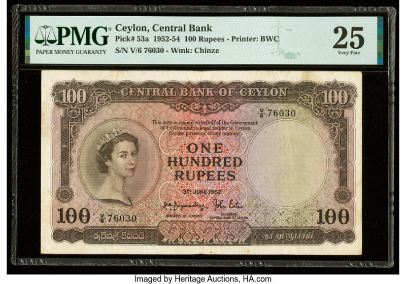 Ceylon Central Bank of Ceylon 100 Rupees 3.6.1952 Pick 53a PMG Very Fine 25. 

H...