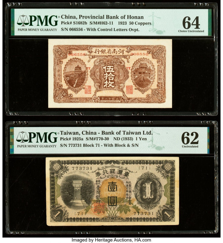 China Provincial Bank of Honan; Bank of Taiwan 50 Coppers; 1 Yen 1923; ND (1933)...