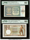 Croatia Independent State of Croatia 500 Kuna 1941 Pick 3a PMG Gem Uncirculated 66 EPQ; Serbia National Bank 500 Dinara 1.5.1942 Pick 31 PMG Gem Uncir...