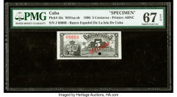 Cuba Banco Espanol De La Isla De Cuba 5 Centavos 15.5.1896 Pick 45s Specimen PMG Superb Gem Unc 67 EPQ. A red Specimen overprint and one POC present.
...