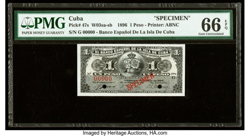 Cuba Banco Espanol De La Isla De Cuba 1 Peso 15.5.1896 Pick 47s Specimen PMG Gem...