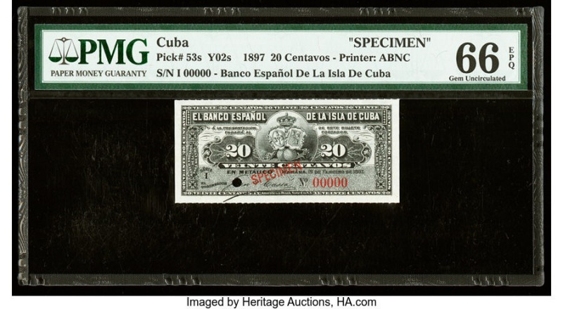 Cuba Banco Espanol De La Isla De Cuba 20 Centavos 15.2.1897 Pick 53s Specimen PM...