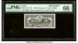 Cuba Banco Espanol De La Isla De Cuba 20 Centavos 15.2.1897 Pick 53s Specimen PMG Gem Uncirculated 66 EPQ. A red specimen overprint and one POC presen...