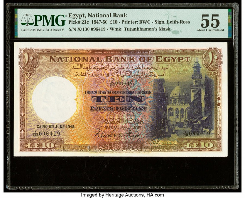 Egypt National Bank of Egypt 10 Pounds 9.6.1948 Pick 23c PMG About Uncirculated ...