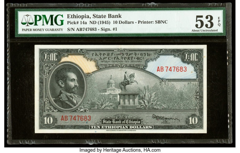 Ethiopia State Bank of Ethiopia 10 Dollars ND (1945) Pick 14a PMG About Uncircul...