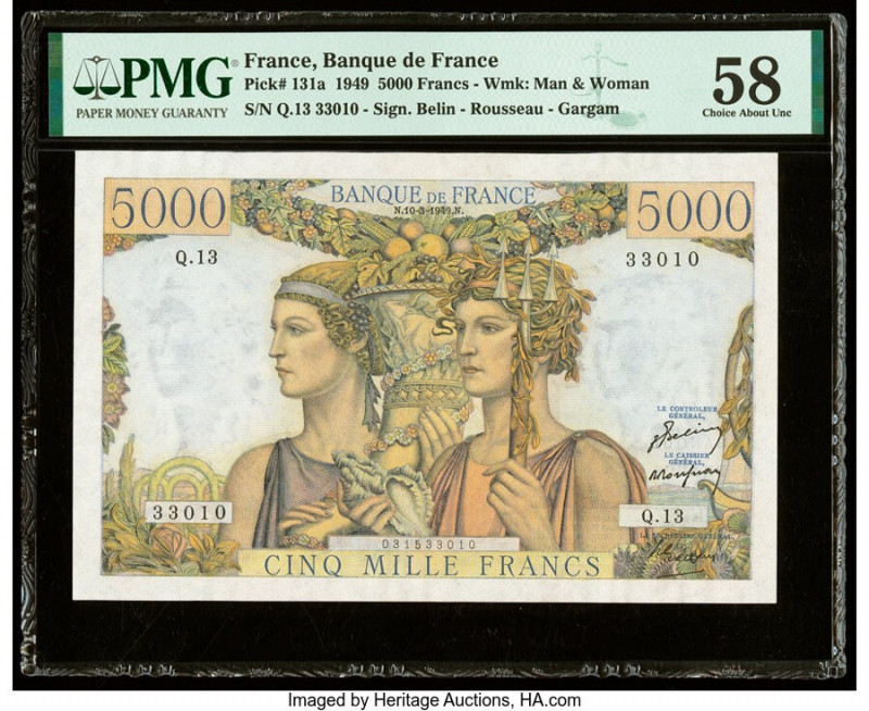 France Banque de France 5000 Francs 10.3.1949 Pick 131a PMG Choice About Unc 58....