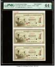 French Indochina Banque de l'Indo-Chine 1 Piastre ND (1945-51) Pick 76bs2 Sheet of Three Specimen PMG Choice Uncirculated 64 EPQ. An as made wrinkle, ...