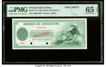 French Indochina Banque de l'Indo-Chine 50 Piastres ND (1945) Pick 77s Specimen PMG Gem Uncirculated 65 EPQ. Red Specimen overprints and two POCs are ...