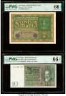 Germany Imperial Bank Note 50 Mark; 10 Reichsmark 24.6.1919; 22.1.1929 Pick 66; 180a Two Examples PMG Gem Uncirculated 66 EPQ (2); Yemen Democratic Re...