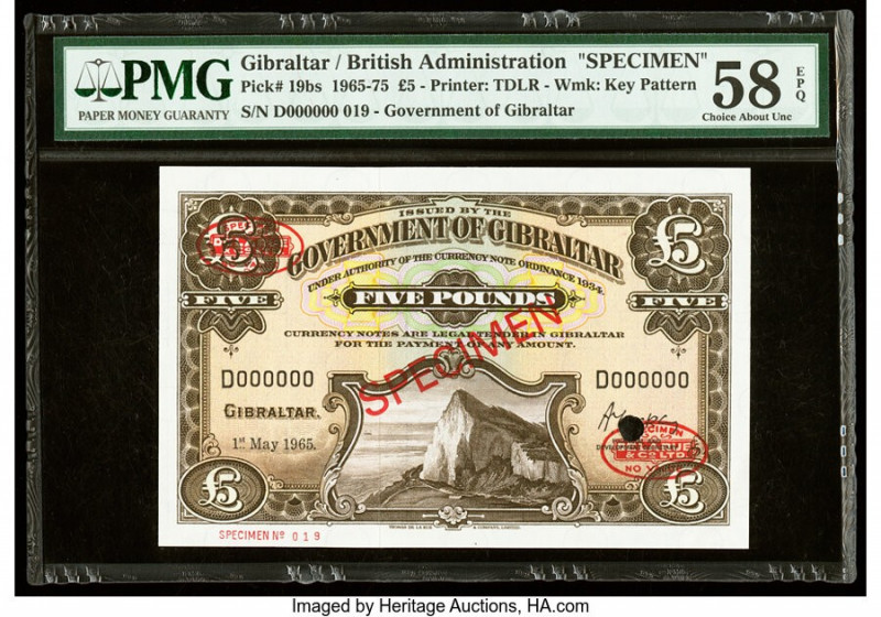 Gibraltar Government of Gibraltar 5 Pounds 1.5.1965 Pick 19bs Specimen PMG Choic...