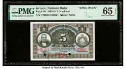 Greece National Bank of Greece 5 Drachmai 10.1916 Pick 54s Specimen PMG Gem Uncirculated 65 EPQ. Red Specimen overprints and two POCs are present on t...
