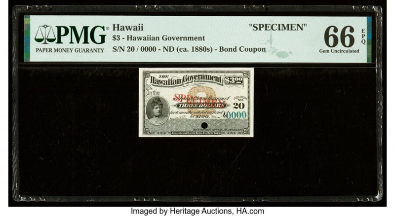 Hawaii Hawaii Government 3 Dollars ND (ca. 1880s) Bond Coupon PMG Gem Uncirculat...