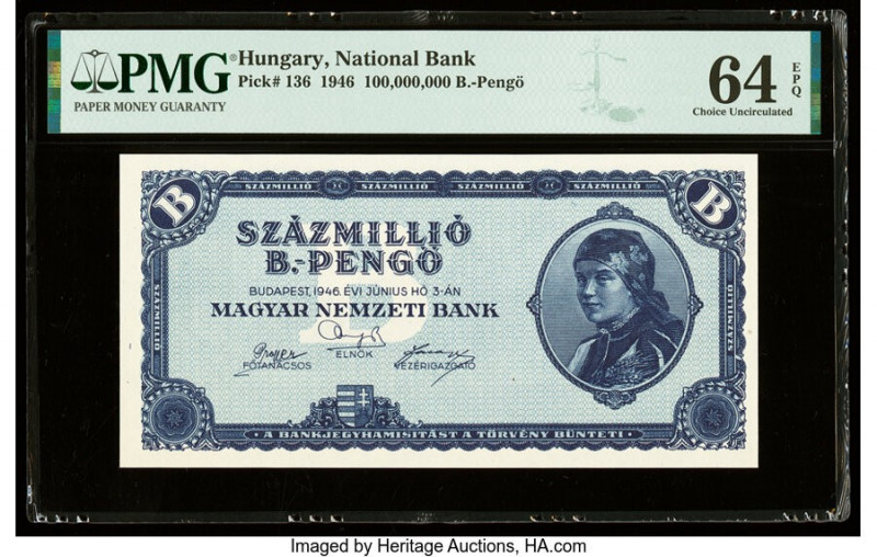 Hungary Hungarian National Bank 100,000,000 B.-Pengo 3.6.1946 Pick 136 PMG Choic...