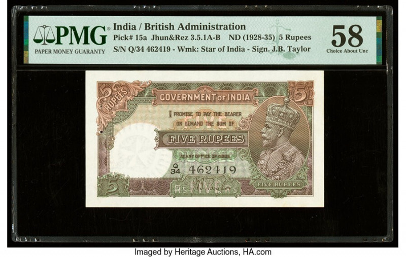 India Government of India 5 Rupees ND (1928-35) Pick 15a Jhun3.5.1A-B PMG Choice...