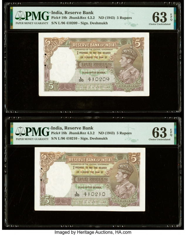 India Reserve Bank of India 5 Rupees ND (1943) Pick 18b Jhun4.3.2 Two Consecutiv...