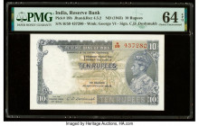 India Reserve Bank of India 10 Rupees ND (1943) Pick 19b Jhun4.5.2 PMG Choice Uncirculated 64 EPQ. Staple holes at issue.

HID09801242017

© 2020 Heri...