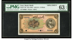 Iran Bank Melli 10 Rials ND (1932) / AH1311 Pick 19s Specimen PMG Choice Uncirculated 63 EPQ. Specimen overprints and two POCs are present.

HID098012...