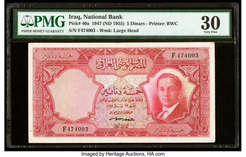 Iraq National Bank of Iraq 5 Dinars 1947 (ND 1955) Pick 40a PMG Very Fine 30. Th...