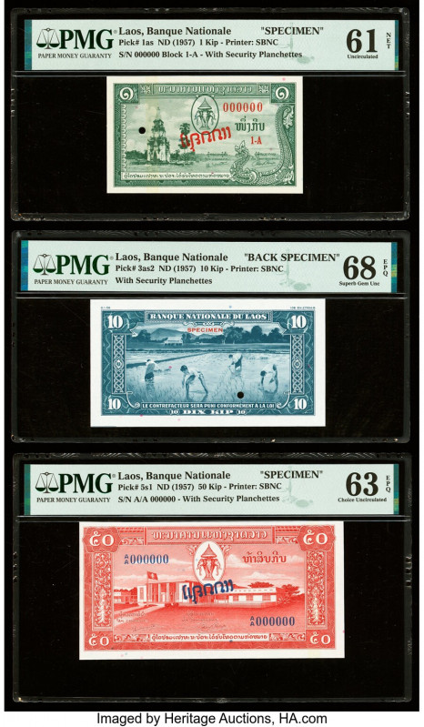 Lao Banque Nationale du Laos 1; 10; 50 Kip ND (1957) Pick 1as; 3as2; 5s1 Three S...