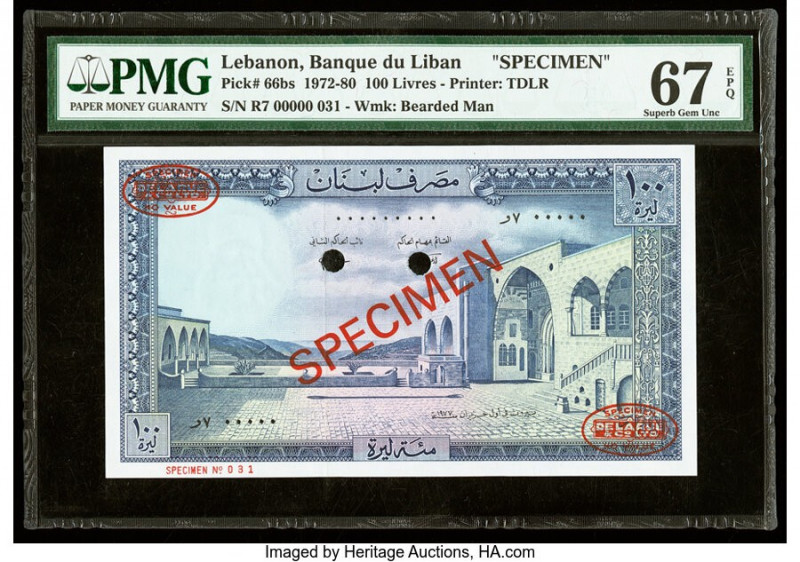 Lebanon Banque du Liban 100 Livres 1972-80 Pick 66bs Specimen PMG Superb Gem Unc...