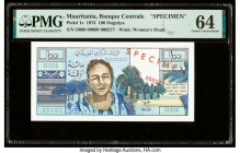 Mauritania Banque Centrale de Mauritanie 100 Ouguiya 1973 Pick 1s Specimen PMG Choice Uncirculated 64. Red Specimen overprints are present are on this...