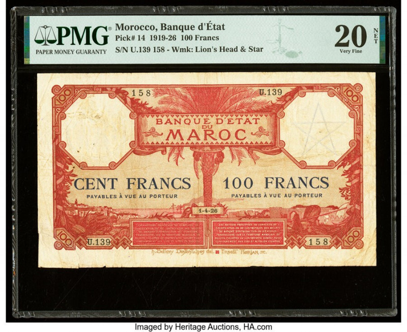 Morocco Banque d'Etat du Maroc 100 Francs 1.4.1926 Pick 14 PMG Very Fine 20 Net....